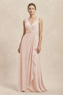 V - Neck Ruffled Ruched Chiffon A - Line Bridesmaid Dress in Pale Blush - KissProm Bridesmaid Dresses