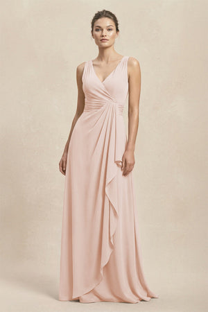 V - Neck Ruffled Ruched Chiffon A - Line Bridesmaid Dress in Pale Blush - KissProm Bridesmaid Dresses