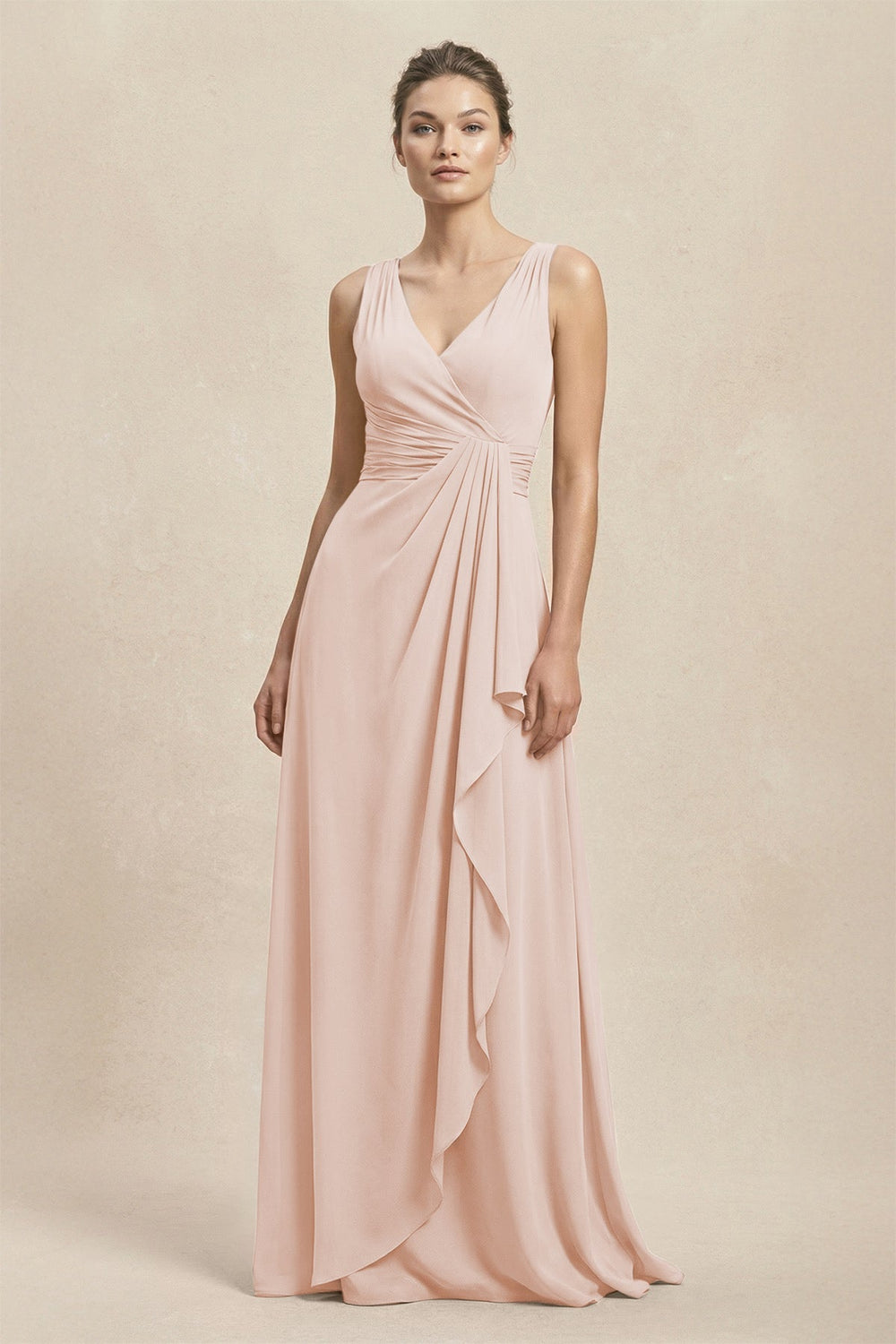 V - Neck Ruffled Ruched Chiffon A - Line Bridesmaid Dress in Pale Blush - KissProm Bridesmaid Dresses