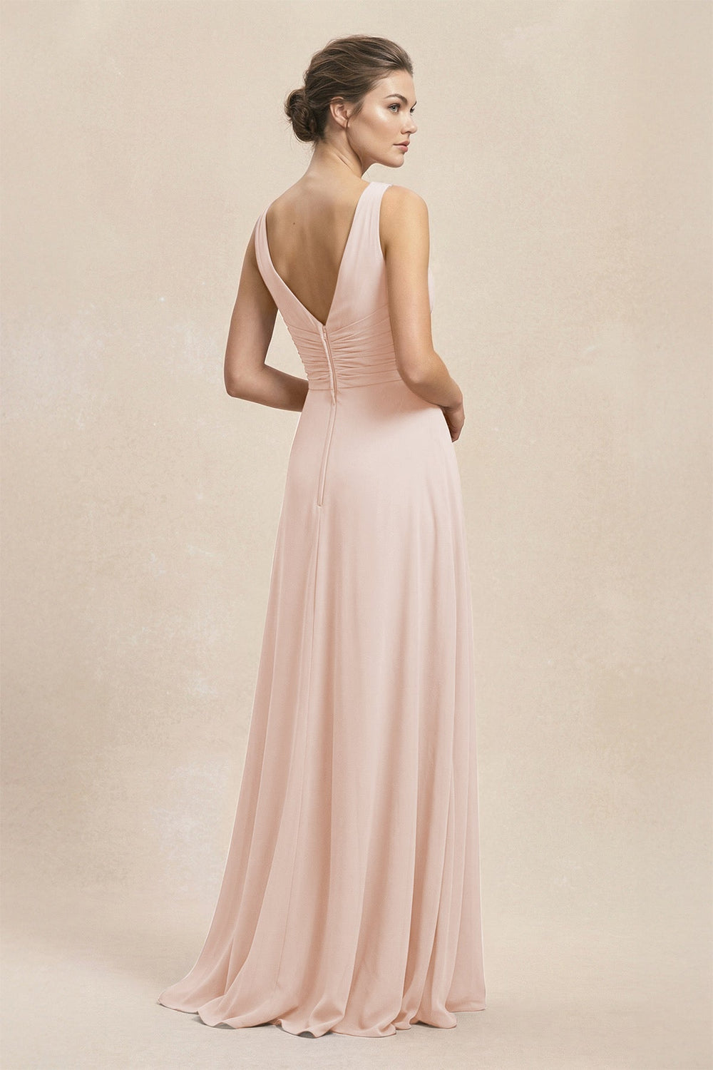 V - Neck Ruffled Ruched Chiffon A - Line Bridesmaid Dress in Pale Blush - KissProm Bridesmaid Dresses
