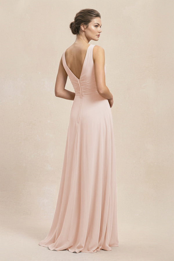 V - Neck Ruffled Ruched Chiffon A - Line Bridesmaid Dress in Pale Blush - KissProm Bridesmaid Dresses