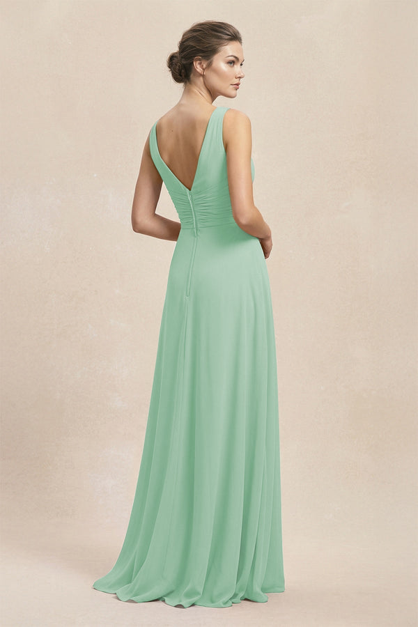 V - Neck Ruffled Ruched Chiffon A - Line Bridesmaid Dress in Pale Pistachio - KissProm Bridesmaid Dresses