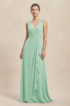 V - Neck Ruffled Ruched Chiffon A - Line Bridesmaid Dress in Pale Pistachio - KissProm Bridesmaid Dresses