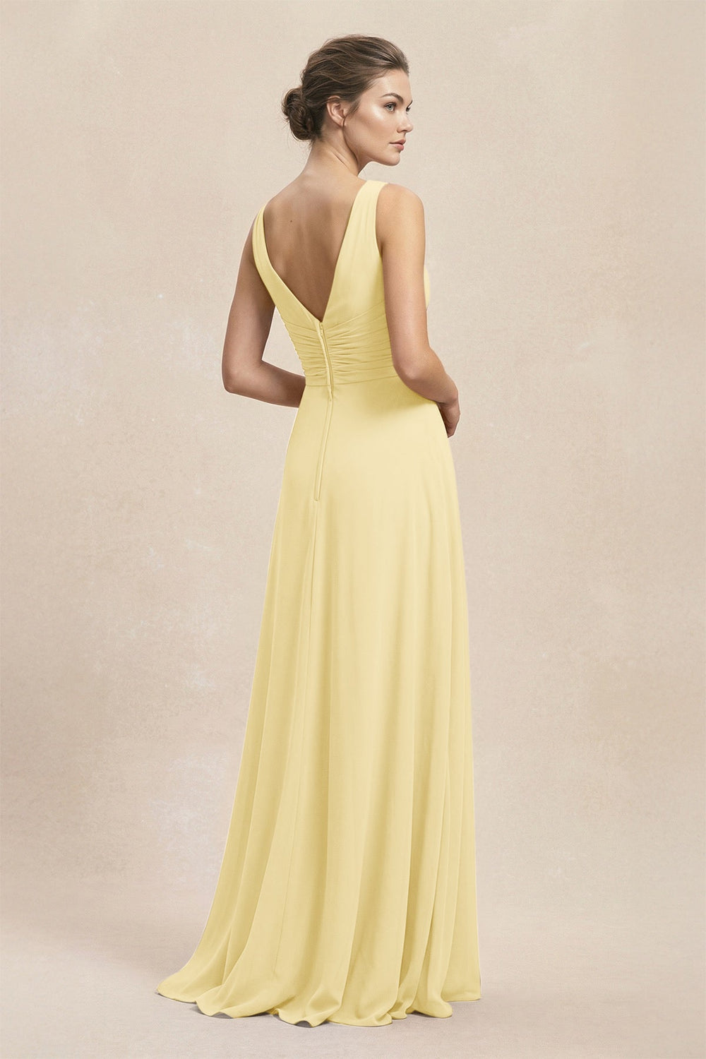V - Neck Ruffled Ruched Chiffon A - Line Bridesmaid Dress in Pastel Yellow - KissProm Bridesmaid Dresses