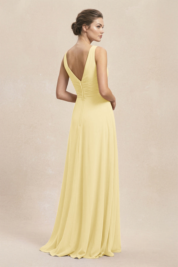 V - Neck Ruffled Ruched Chiffon A - Line Bridesmaid Dress in Pastel Yellow - KissProm Bridesmaid Dresses