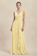 V - Neck Ruffled Ruched Chiffon A - Line Bridesmaid Dress in Pastel Yellow - KissProm Bridesmaid Dresses