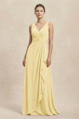 V - Neck Ruffled Ruched Chiffon A - Line Bridesmaid Dress in Pastel Yellow - KissProm Bridesmaid Dresses