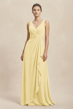 V - Neck Ruffled Ruched Chiffon A - Line Bridesmaid Dress in Pastel Yellow - KissProm Bridesmaid Dresses