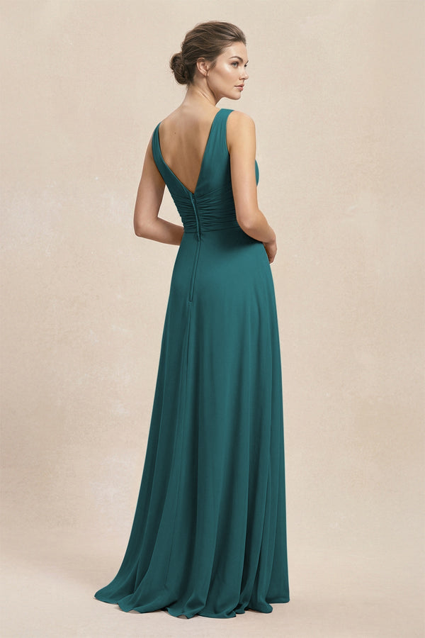 V - Neck Ruffled Ruched Chiffon A - Line Bridesmaid Dress in Pine - KissProm Bridesmaid Dresses