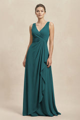 V - Neck Ruffled Ruched Chiffon A - Line Bridesmaid Dress in Pine - KissProm Bridesmaid Dresses