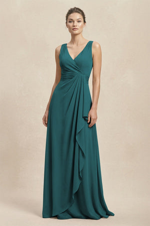 V - Neck Ruffled Ruched Chiffon A - Line Bridesmaid Dress in Pine - KissProm Bridesmaid Dresses