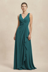 V - Neck Ruffled Ruched Chiffon A - Line Bridesmaid Dress in Pine - KissProm Bridesmaid Dresses