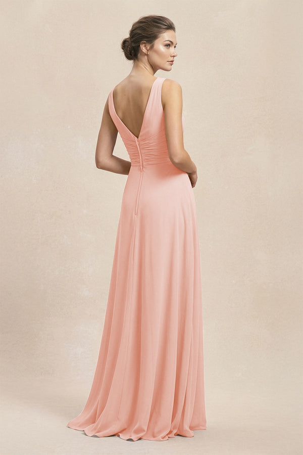 V - Neck Ruffled Ruched Chiffon A - Line Bridesmaid Dress in Rose Petal - KissProm Bridesmaid Dresses