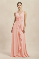 V - Neck Ruffled Ruched Chiffon A - Line Bridesmaid Dress in Rose Petal - KissProm Bridesmaid Dresses