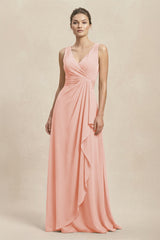 V - Neck Ruffled Ruched Chiffon A - Line Bridesmaid Dress in Rose Petal - KissProm Bridesmaid Dresses