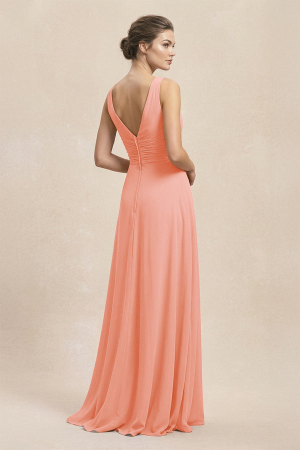 V - Neck Ruffled Ruched Chiffon A - Line Bridesmaid Dress in Rosette - KissProm Bridesmaid Dresses