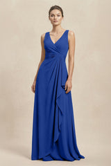 V - Neck Ruffled Ruched Chiffon A - Line Bridesmaid Dress in Royal Blue - KissProm Bridesmaid Dresses