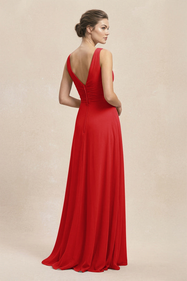 V - Neck Ruffled Ruched Chiffon A - Line Bridesmaid Dress in Ruby Red - KissProm Bridesmaid Dresses