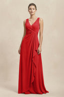 V - Neck Ruffled Ruched Chiffon A - Line Bridesmaid Dress in Ruby Red - KissProm Bridesmaid Dresses