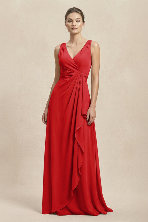 V - Neck Ruffled Ruched Chiffon A - Line Bridesmaid Dress in Ruby Red - KissProm Bridesmaid Dresses