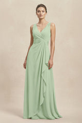 V - Neck Ruffled Ruched Chiffon A - Line Bridesmaid Dress in Sage - KissProm Bridesmaid Dresses