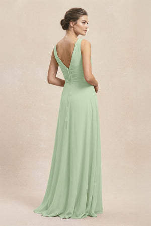 V - Neck Ruffled Ruched Chiffon A - Line Bridesmaid Dress in Sage - KissProm Bridesmaid Dresses