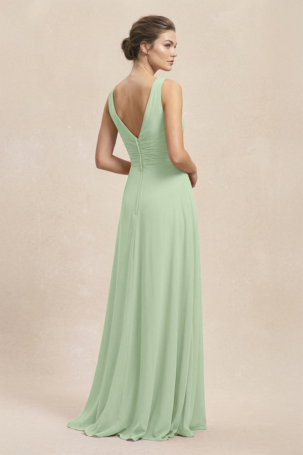 V - Neck Ruffled Ruched Chiffon A - Line Bridesmaid Dress in Sage - KissProm Bridesmaid Dresses
