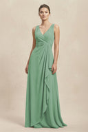 V - Neck Ruffled Ruched Chiffon A - Line Bridesmaid Dress in Sea Glass - KissProm Bridesmaid Dresses