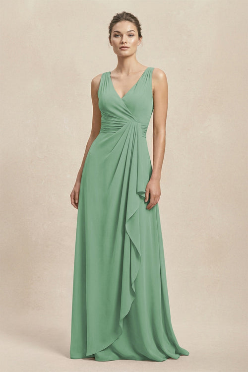 V - Neck Ruffled Ruched Chiffon A - Line Bridesmaid Dress in Sea Glass - KissProm Bridesmaid Dresses