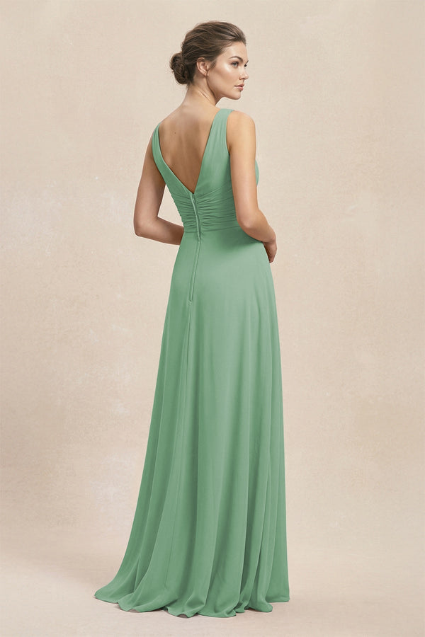 V - Neck Ruffled Ruched Chiffon A - Line Bridesmaid Dress in Sea Glass - KissProm Bridesmaid Dresses