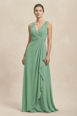 V - Neck Ruffled Ruched Chiffon A - Line Bridesmaid Dress in Sea Glass - KissProm Bridesmaid Dresses