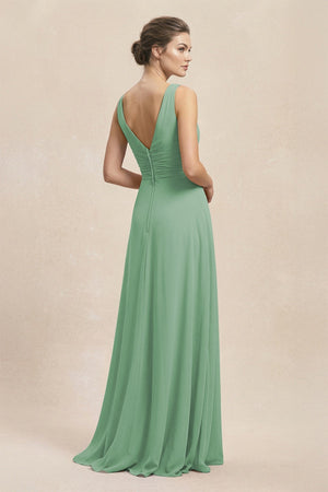 V - Neck Ruffled Ruched Chiffon A - Line Bridesmaid Dress in Sea Glass - KissProm Bridesmaid Dresses