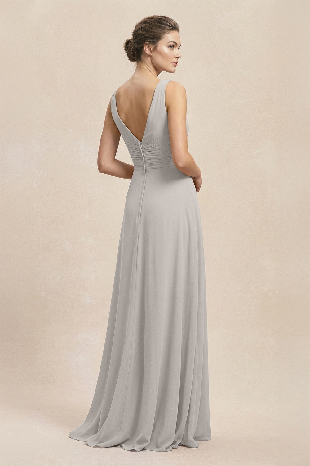 V - Neck Ruffled Ruched Chiffon A - Line Bridesmaid Dress in Silver - KissProm Bridesmaid Dresses