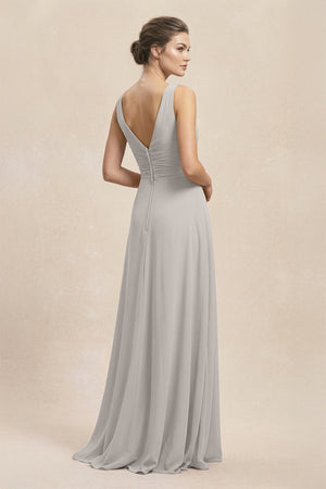 V - Neck Ruffled Ruched Chiffon A - Line Bridesmaid Dress in Silver - KissProm Bridesmaid Dresses