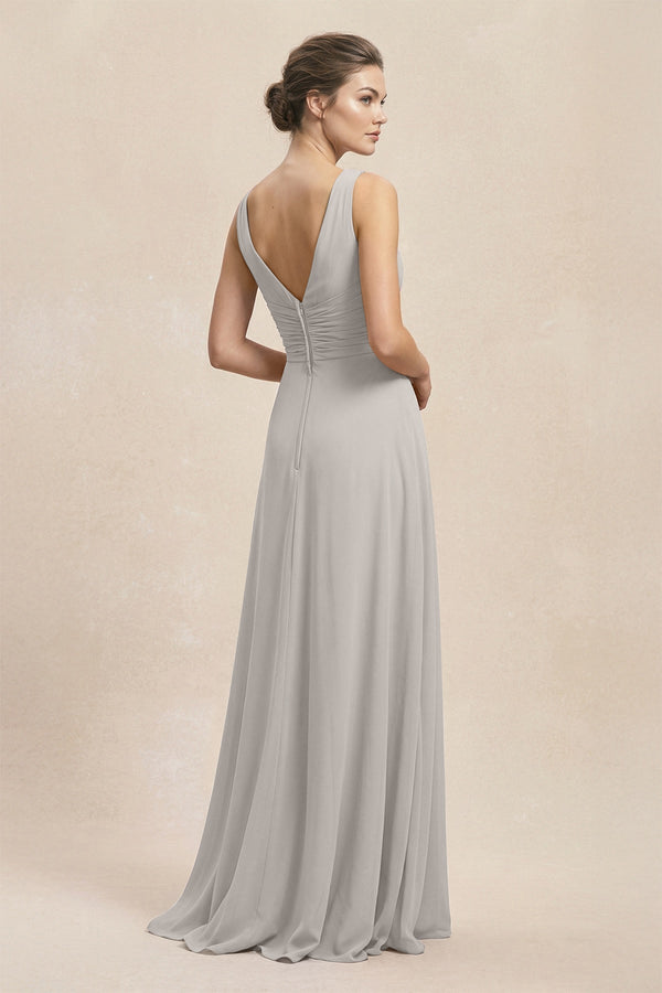 V - Neck Ruffled Ruched Chiffon A - Line Bridesmaid Dress in Silver - KissProm Bridesmaid Dresses
