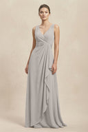 V - Neck Ruffled Ruched Chiffon A - Line Bridesmaid Dress in Silver - KissProm Bridesmaid Dresses