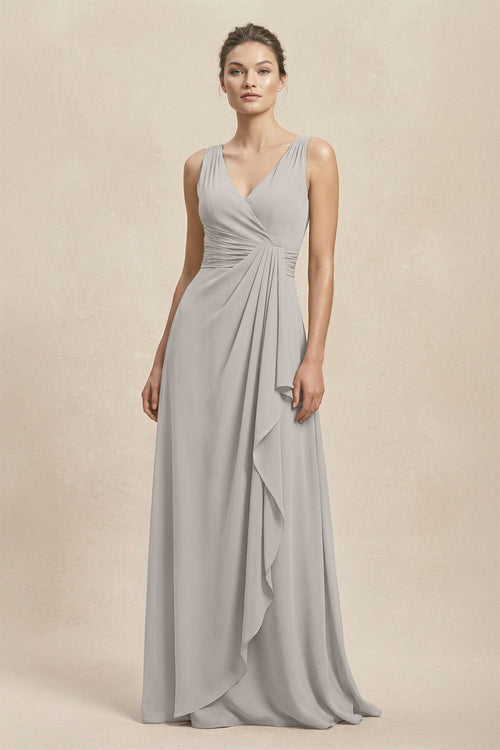 V - Neck Ruffled Ruched Chiffon A - Line Bridesmaid Dress in Silver - KissProm Bridesmaid Dresses