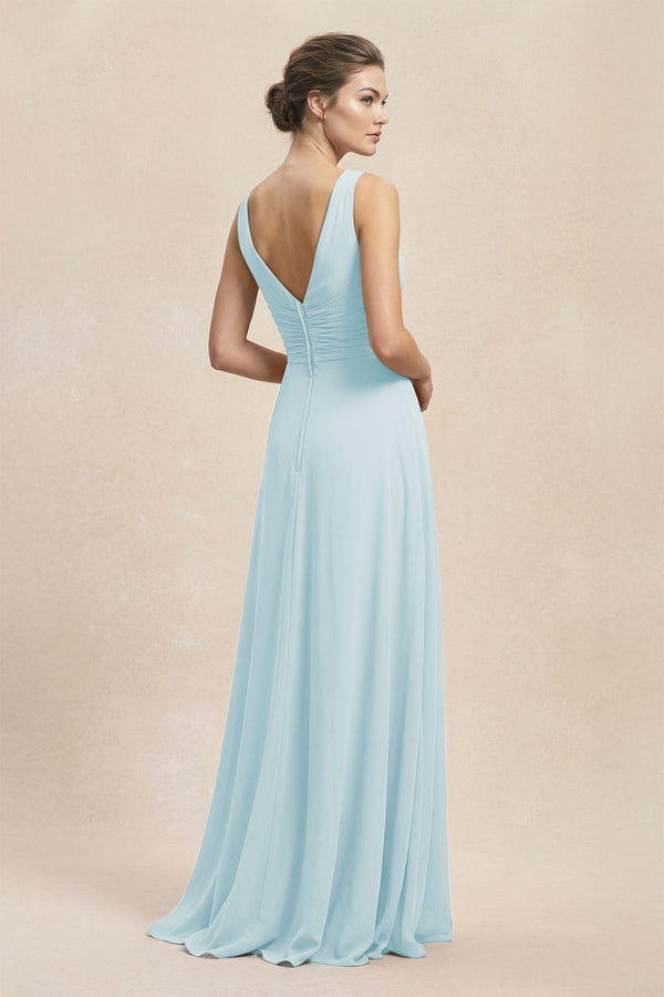 V - Neck Ruffled Ruched Chiffon A - Line Bridesmaid Dress in Sky Blue - KissProm Bridesmaid Dresses