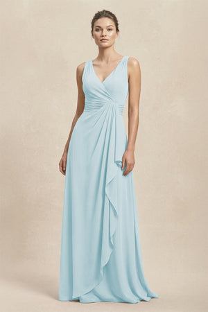 V - Neck Ruffled Ruched Chiffon A - Line Bridesmaid Dress in Sky Blue - KissProm Bridesmaid Dresses