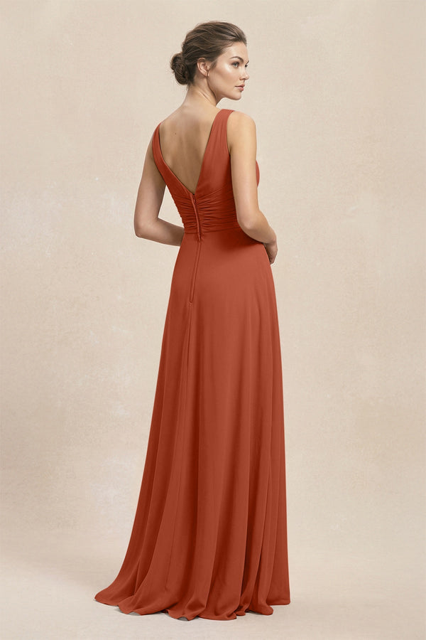 V - Neck Ruffled Ruched Chiffon A - Line Bridesmaid Dress in Spice - KissProm Bridesmaid Dresses