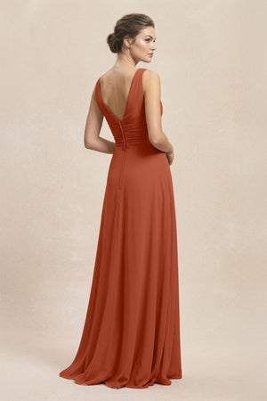 V - Neck Ruffled Ruched Chiffon A - Line Bridesmaid Dress in Spice - KissProm Bridesmaid Dresses
