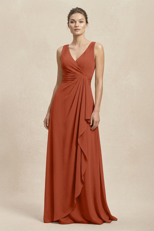 V - Neck Ruffled Ruched Chiffon A - Line Bridesmaid Dress in Spice - KissProm Bridesmaid Dresses