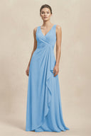 V - Neck Ruffled Ruched Chiffon A - Line Bridesmaid Dress in Steel Blue - KissProm Bridesmaid Dresses
