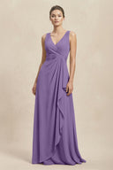 V - Neck Ruffled Ruched Chiffon A - Line Bridesmaid Dress in Tahiti - KissProm Bridesmaid Dresses
