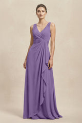 V - Neck Ruffled Ruched Chiffon A - Line Bridesmaid Dress in Tahiti - KissProm Bridesmaid Dresses