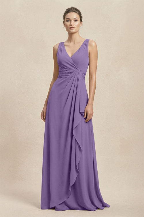 V - Neck Ruffled Ruched Chiffon A - Line Bridesmaid Dress in Tahiti - KissProm Bridesmaid Dresses