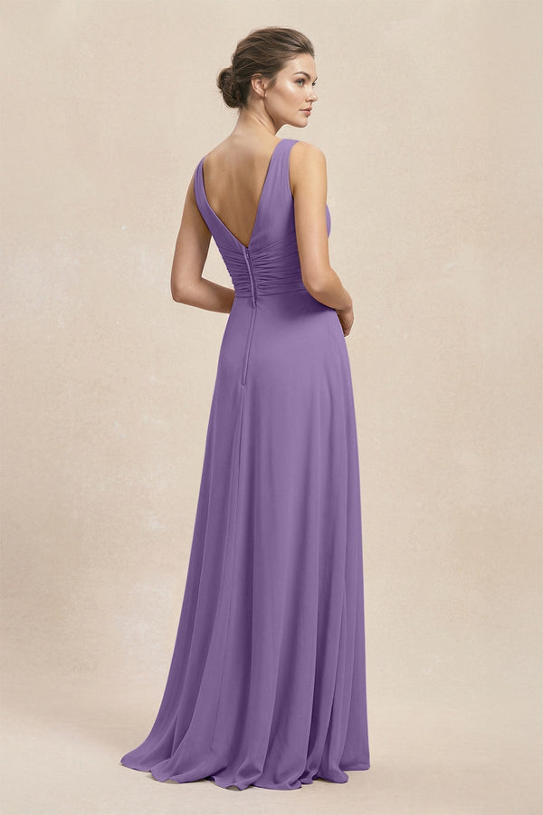 V - Neck Ruffled Ruched Chiffon A - Line Bridesmaid Dress in Tahiti - KissProm Bridesmaid Dresses