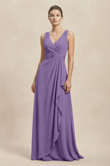 V - Neck Ruffled Ruched Chiffon A - Line Bridesmaid Dress in Tahiti - KissProm Bridesmaid Dresses