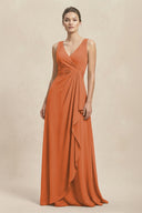 V - Neck Ruffled Ruched Chiffon A - Line Bridesmaid Dress in Terracotta - KissProm Bridesmaid Dresses
