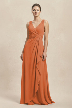 V - Neck Ruffled Ruched Chiffon A - Line Bridesmaid Dress in Terracotta - KissProm Bridesmaid Dresses
